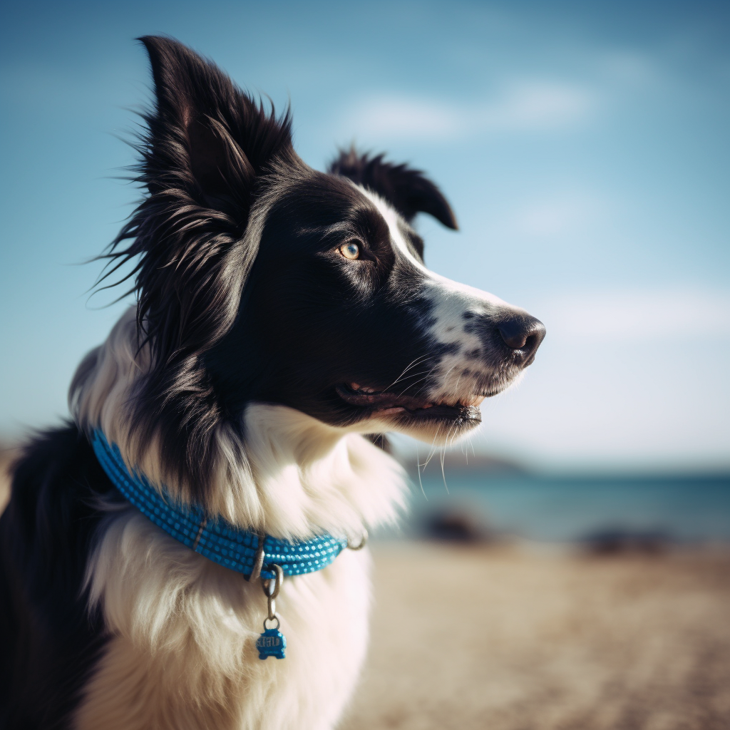 Een gelukkige hond draagt vol trots zijn levendige blauwe FurryMuzzle halsband, die zijn unieke persoonlijkheid en stijl benadrukt.