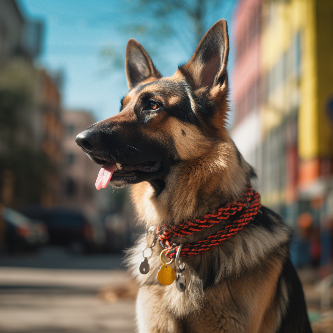 Een speelse hond draagt vol vertrouwen zijn opvallende rode FurryMuzzle halsband, waarbij de heldere kleur en de kwaliteit van het vakmanschap zijn unieke persoonlijkheid en charme onderstrepen.