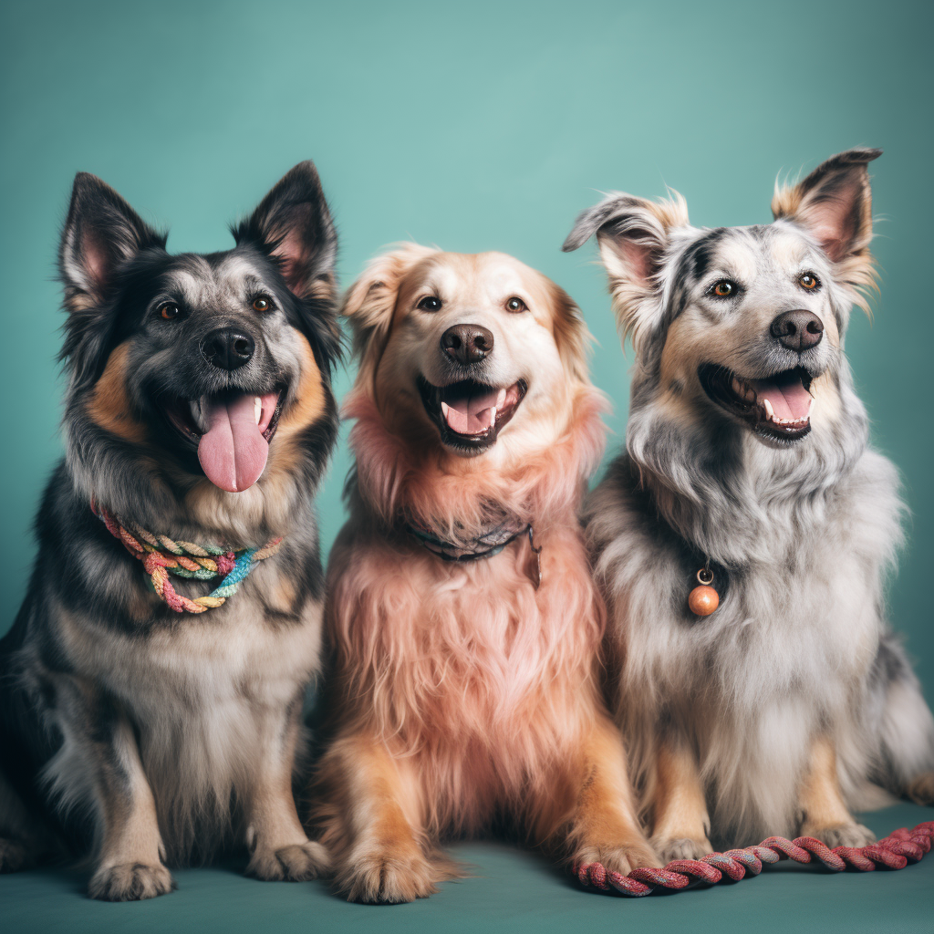 Drie gelukkige honden, stralend in hun individuele, handgemaakte FurryMuzzle halsbanden, die hun unieke persoonlijkheden en onze diversiteit in design tonen.