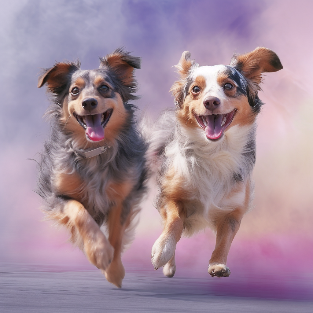 Twee blije honden genieten van hun tijd buiten, elk pronkend met hun eigen unieke FurryMuzzle halsbanden, die hun vreugde en persoonlijkheid benadrukken.
