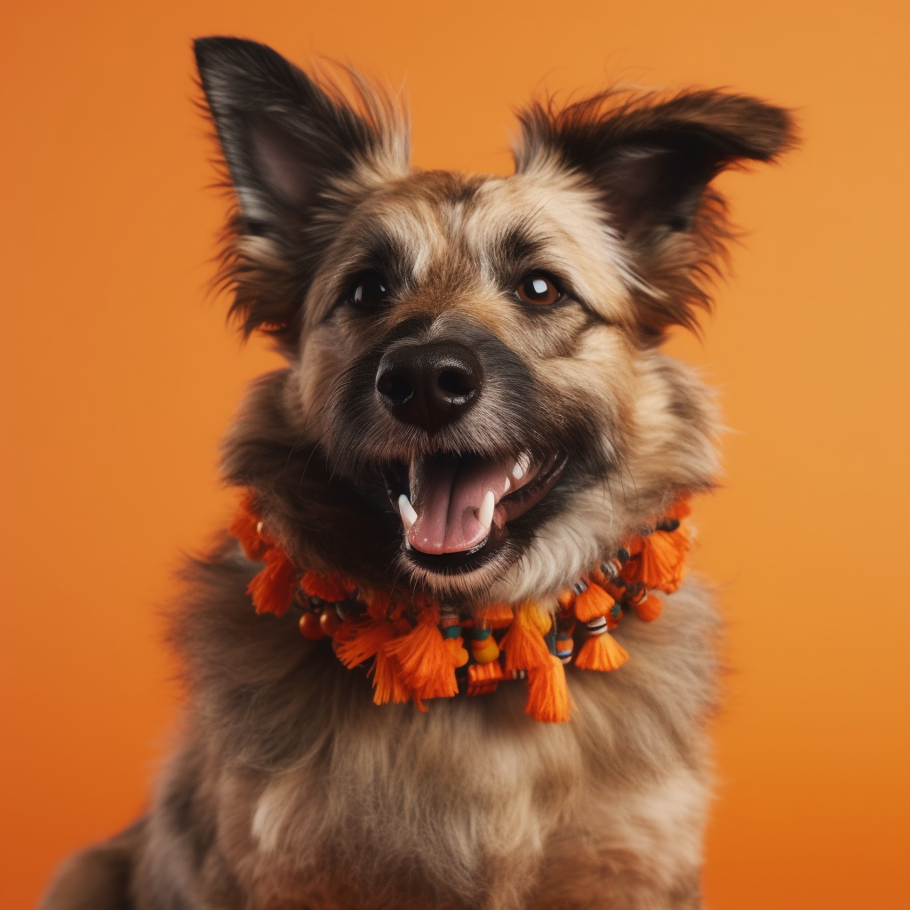 Een blije hond draagt een creatieve, op maat gemaakte halsband van FurryMuzzle, met levendige kleuren en uniek design, die de vrolijke persoonlijkheid van de hond onderstreept.
